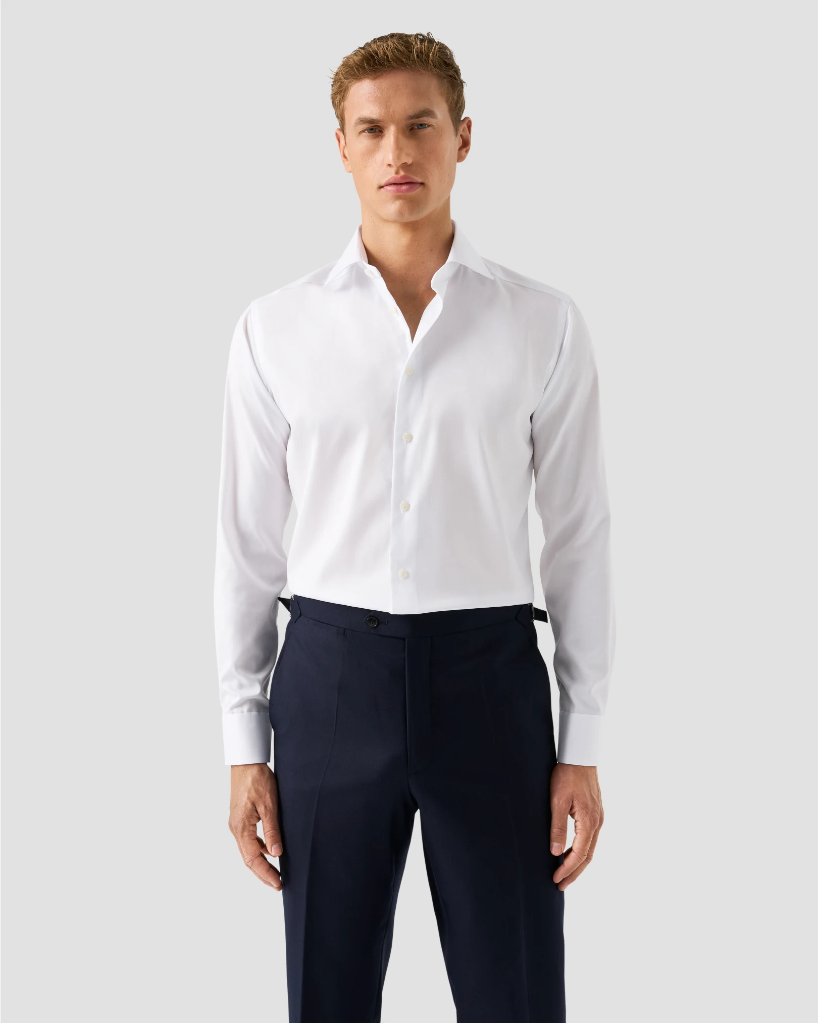 white slim fit shirt on model