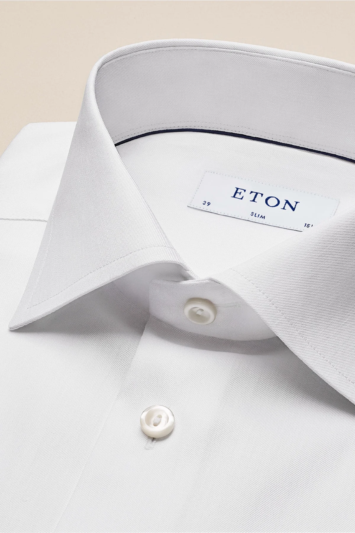 close up collar of white signature twill eton shirt