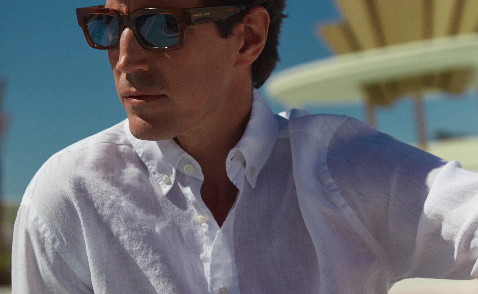 close up white linen shirt on model