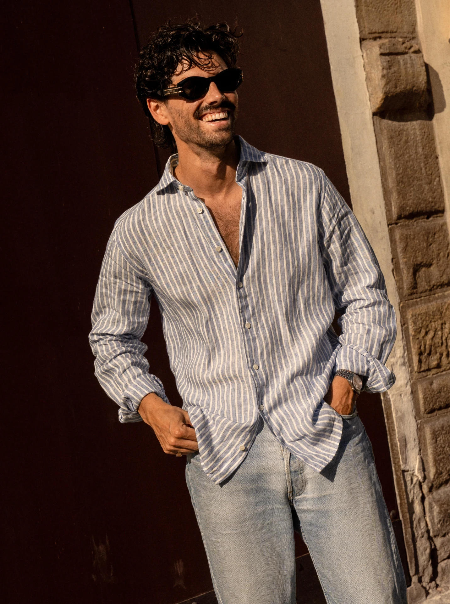 striped linen shirt styled