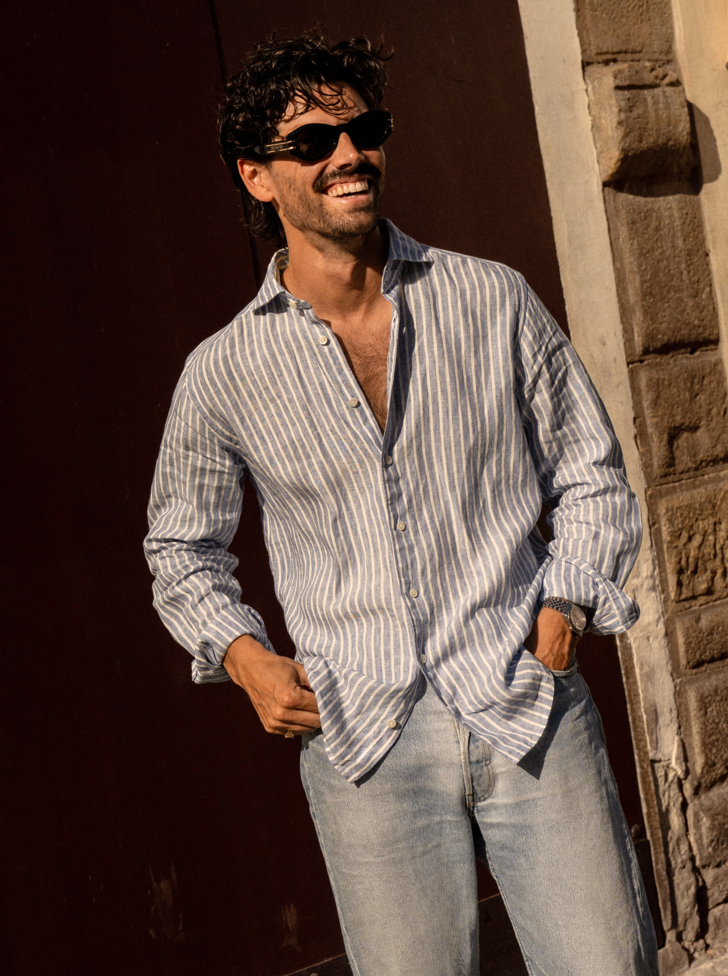 striped linen shirt styled