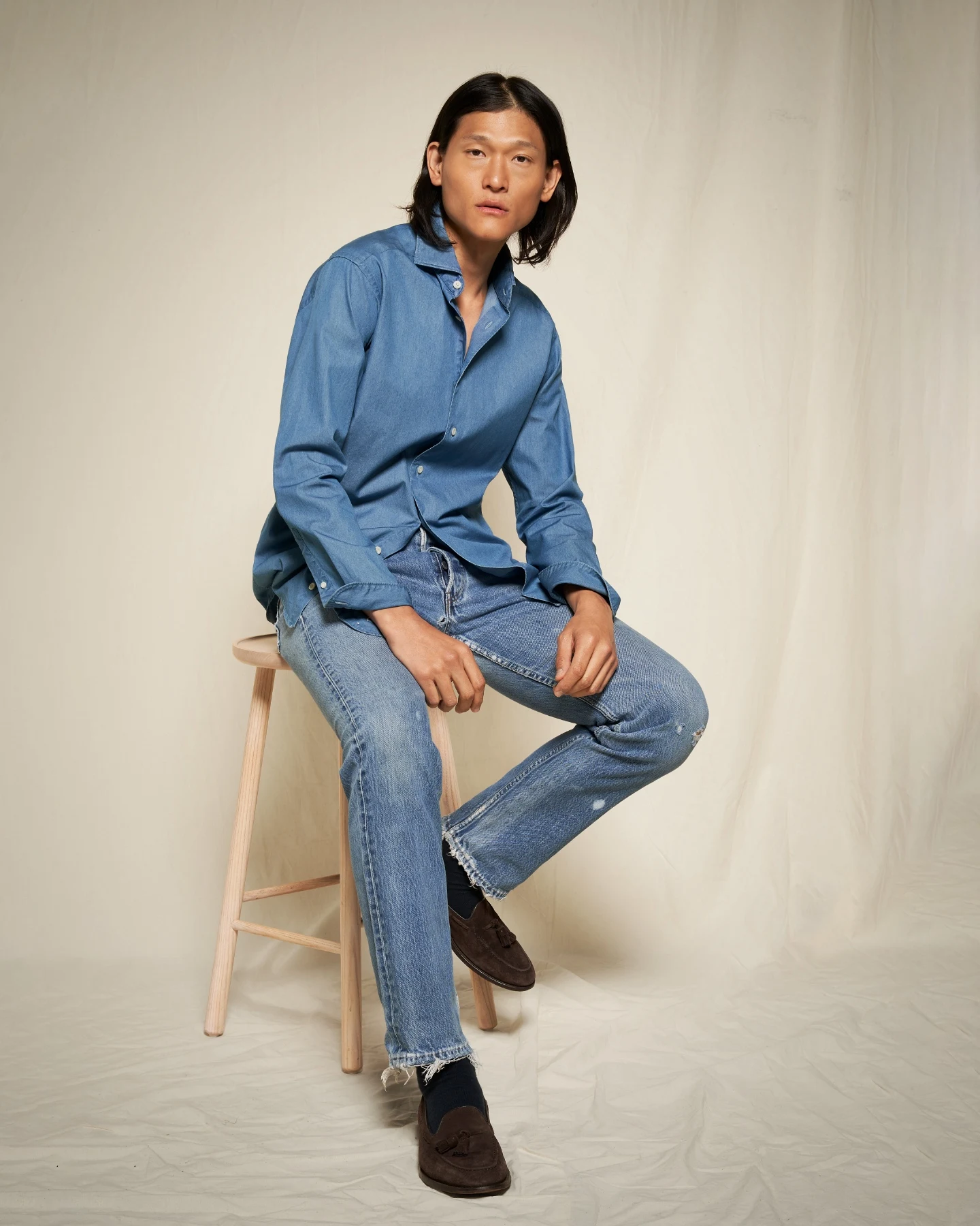 model with denim shirt