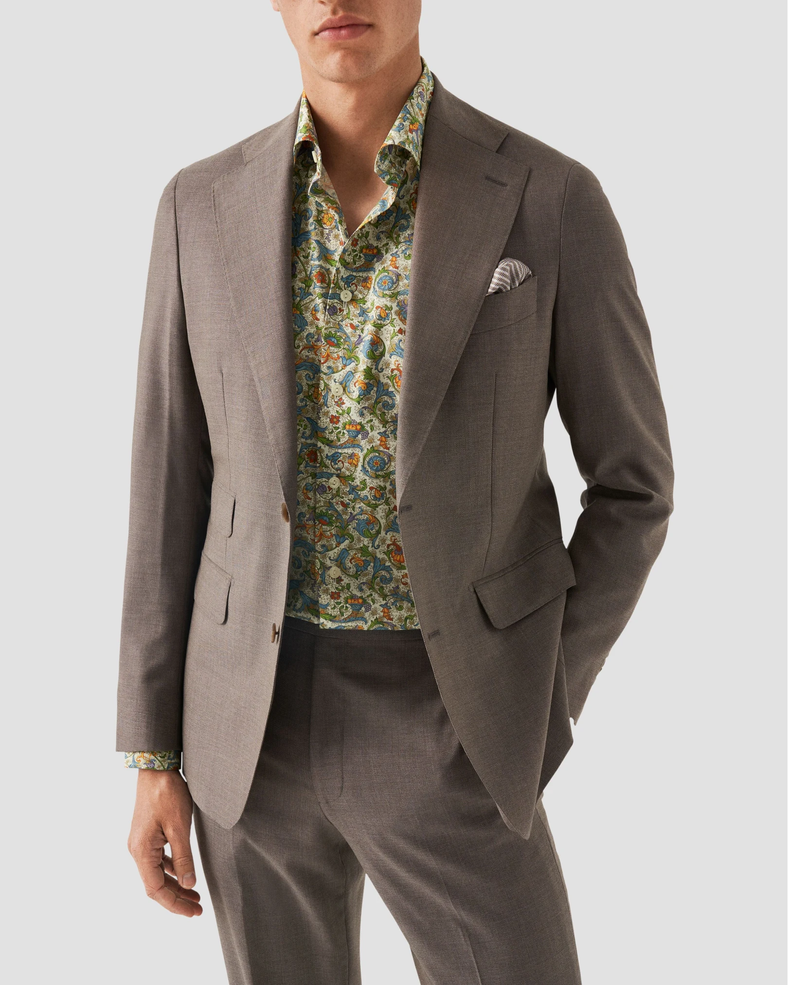 rossi print shirt styled with suit