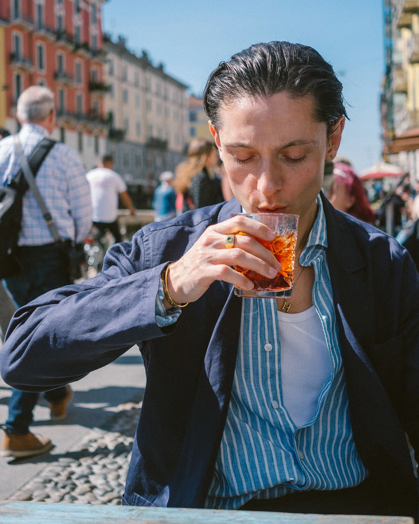 model in striped eton shirt