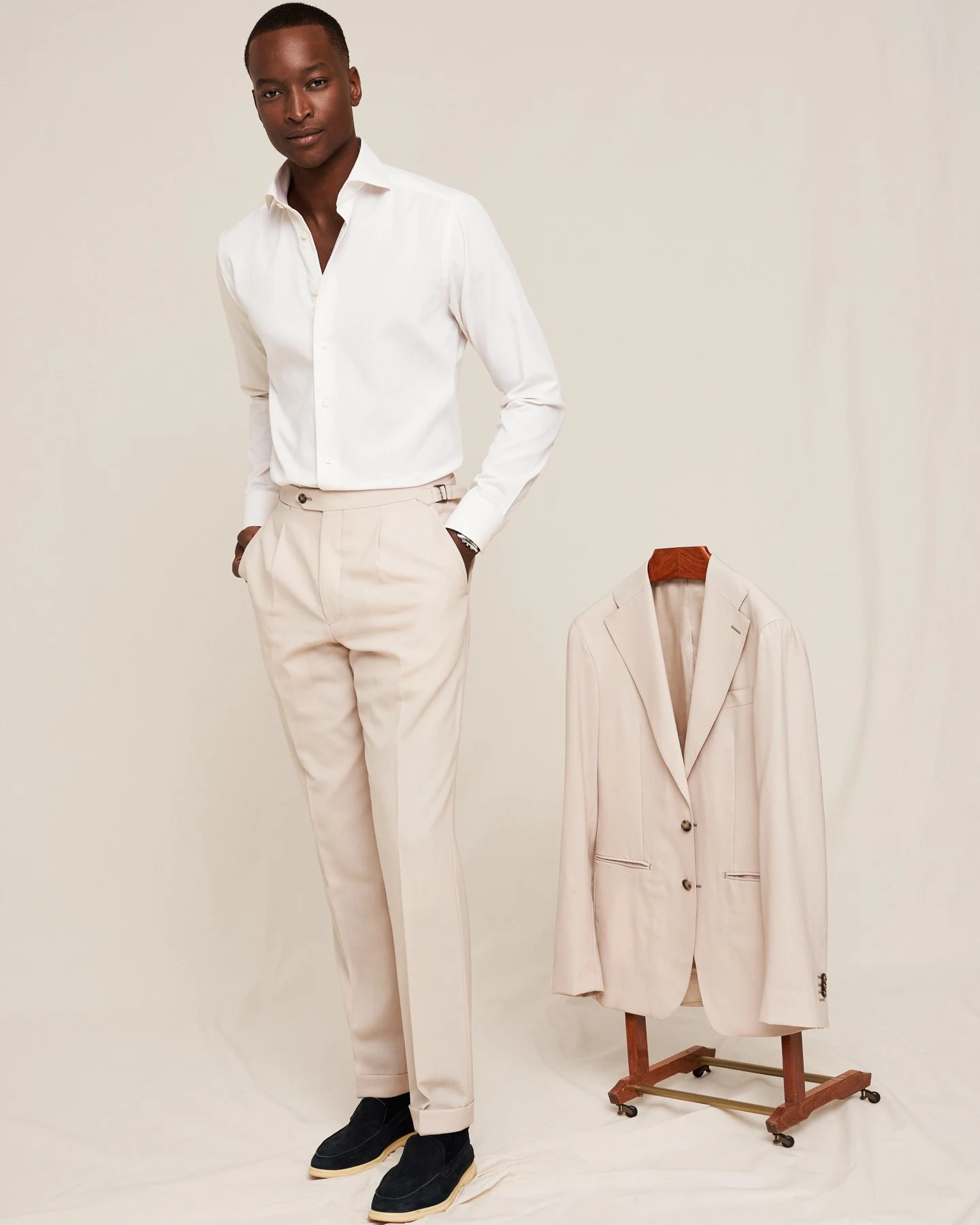 eton archive shirt beige and beige trousers on model