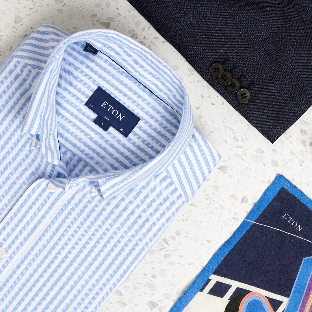 Light Blue Striped Royal Oxford Shirt - Eton