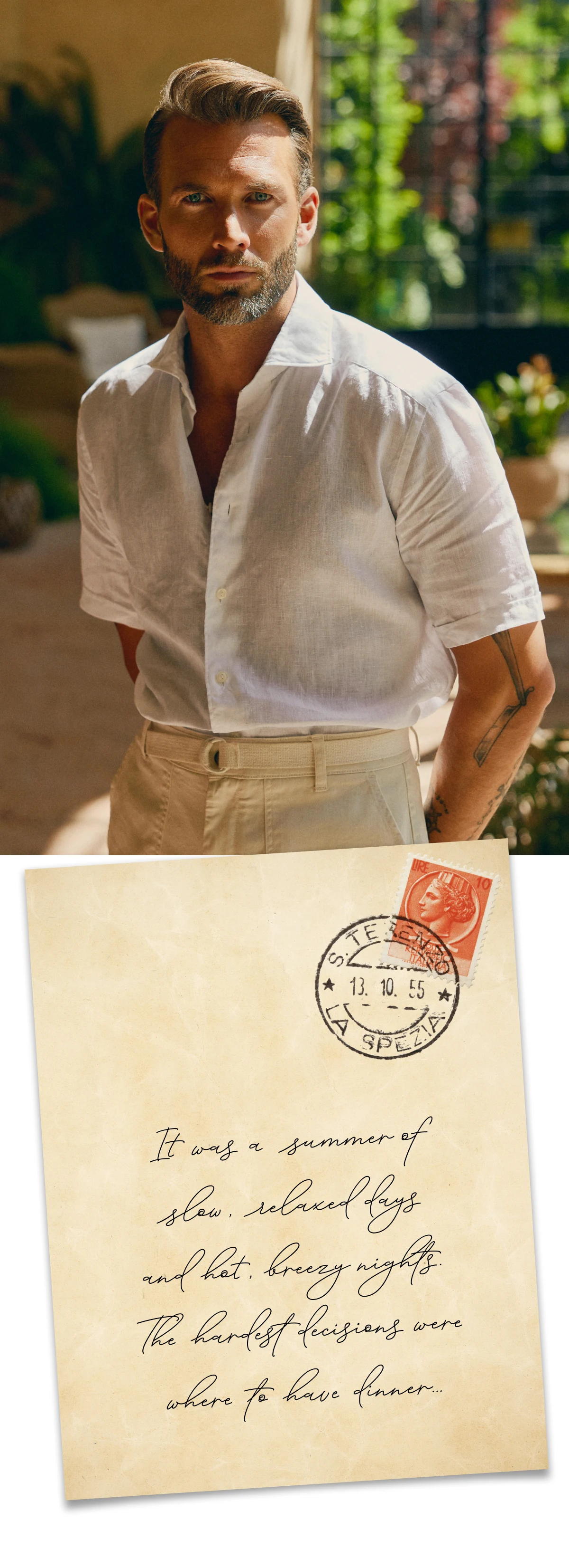 summer letter and model in white linen short sleeved shirt