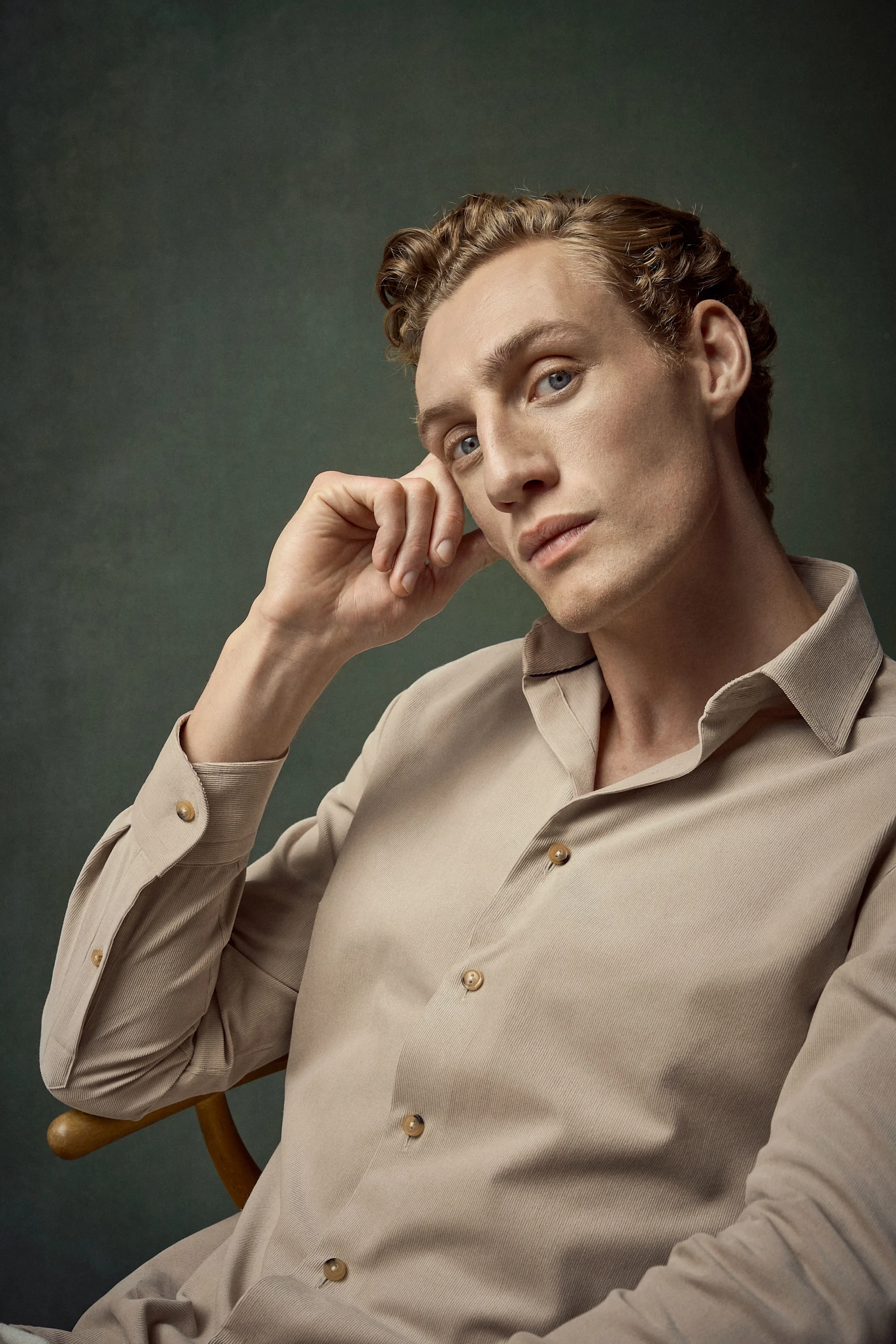 beige corduroy shirt on model