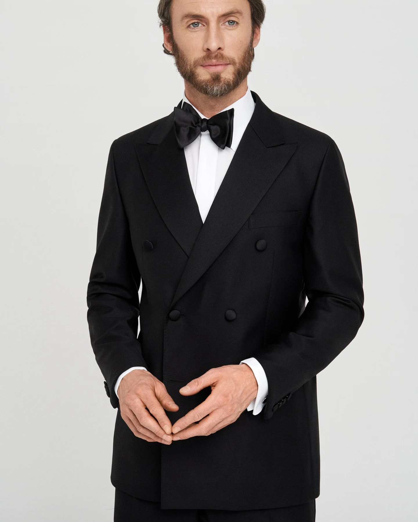 model in double breasted tuxedo