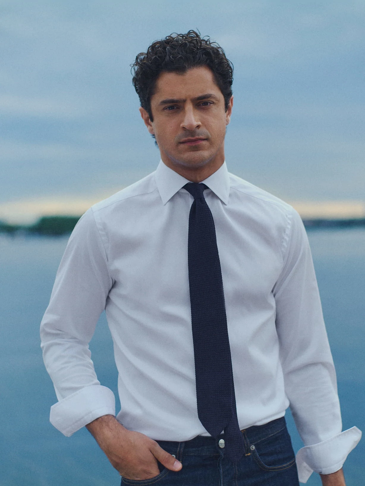 a man posing wearing a white signature twill shirt