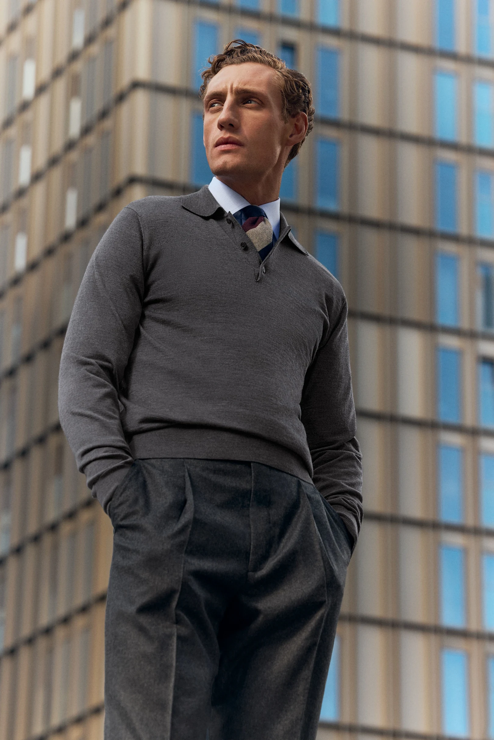 grey knit shirt and tie