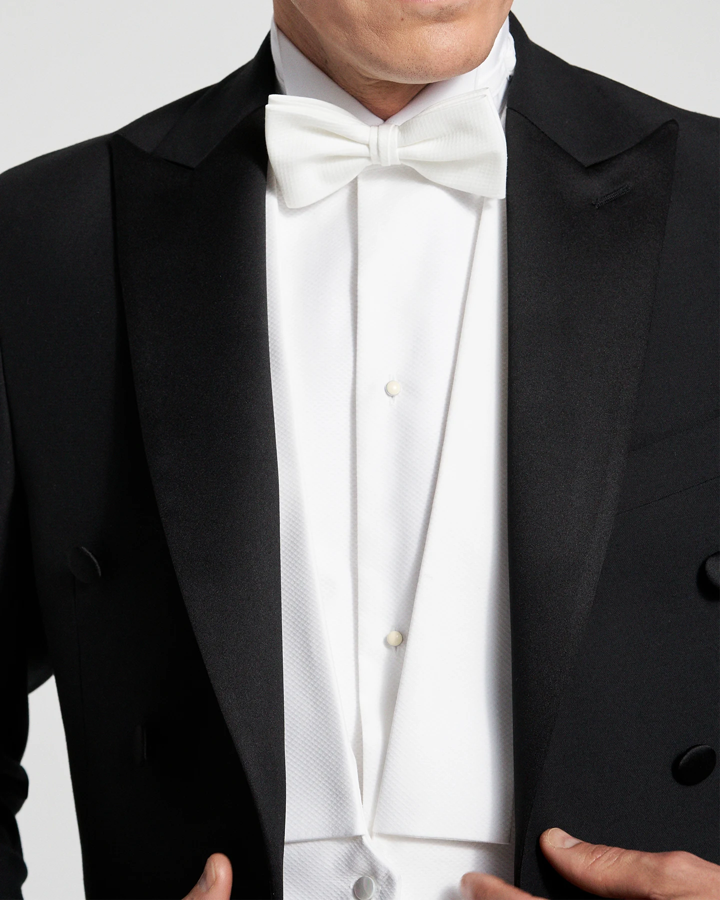 white tie dressed model close up