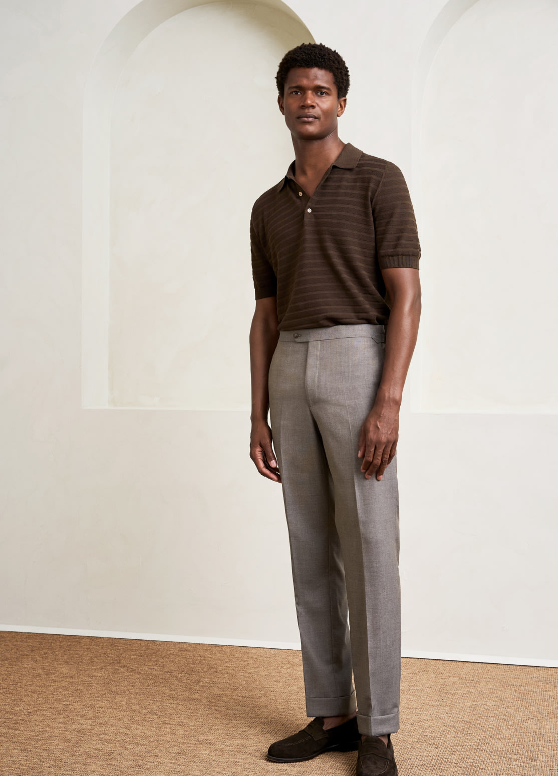 brown knitted polo on model