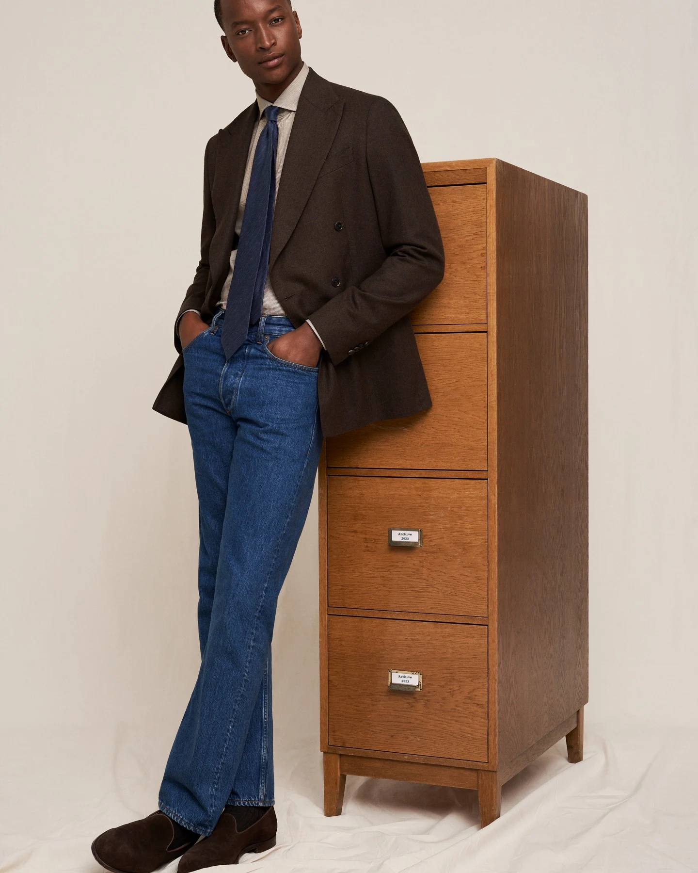 model in eton archive shirt tie and jeans with blazer