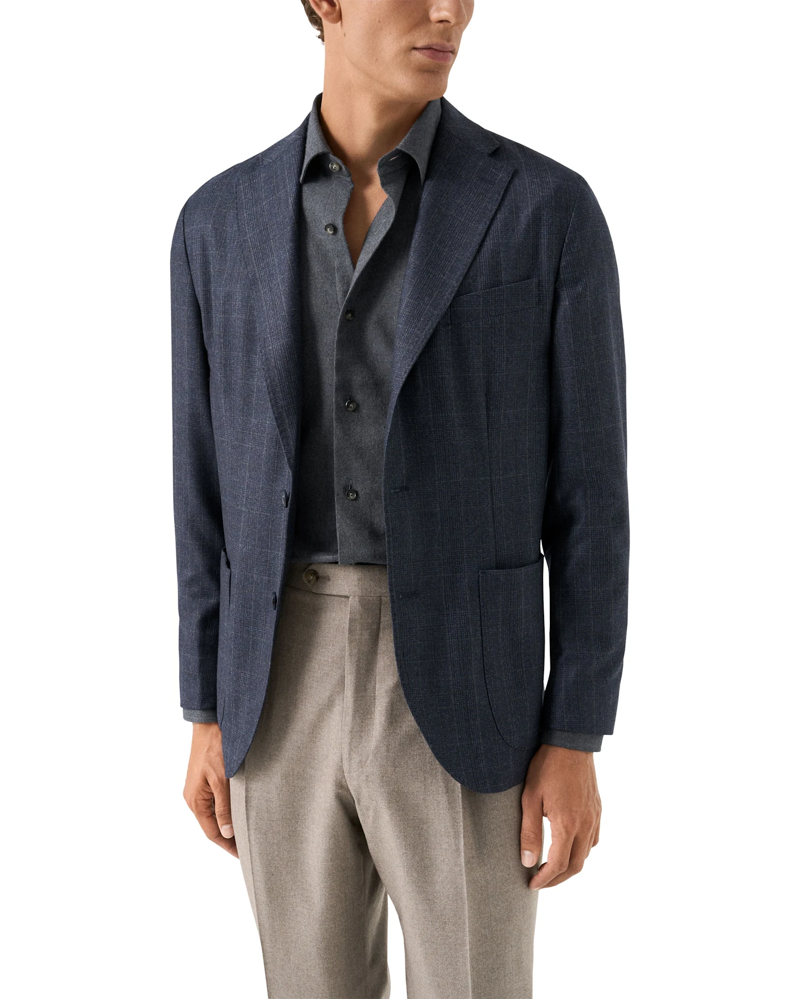 checked soft jacket styled with flannel shirt