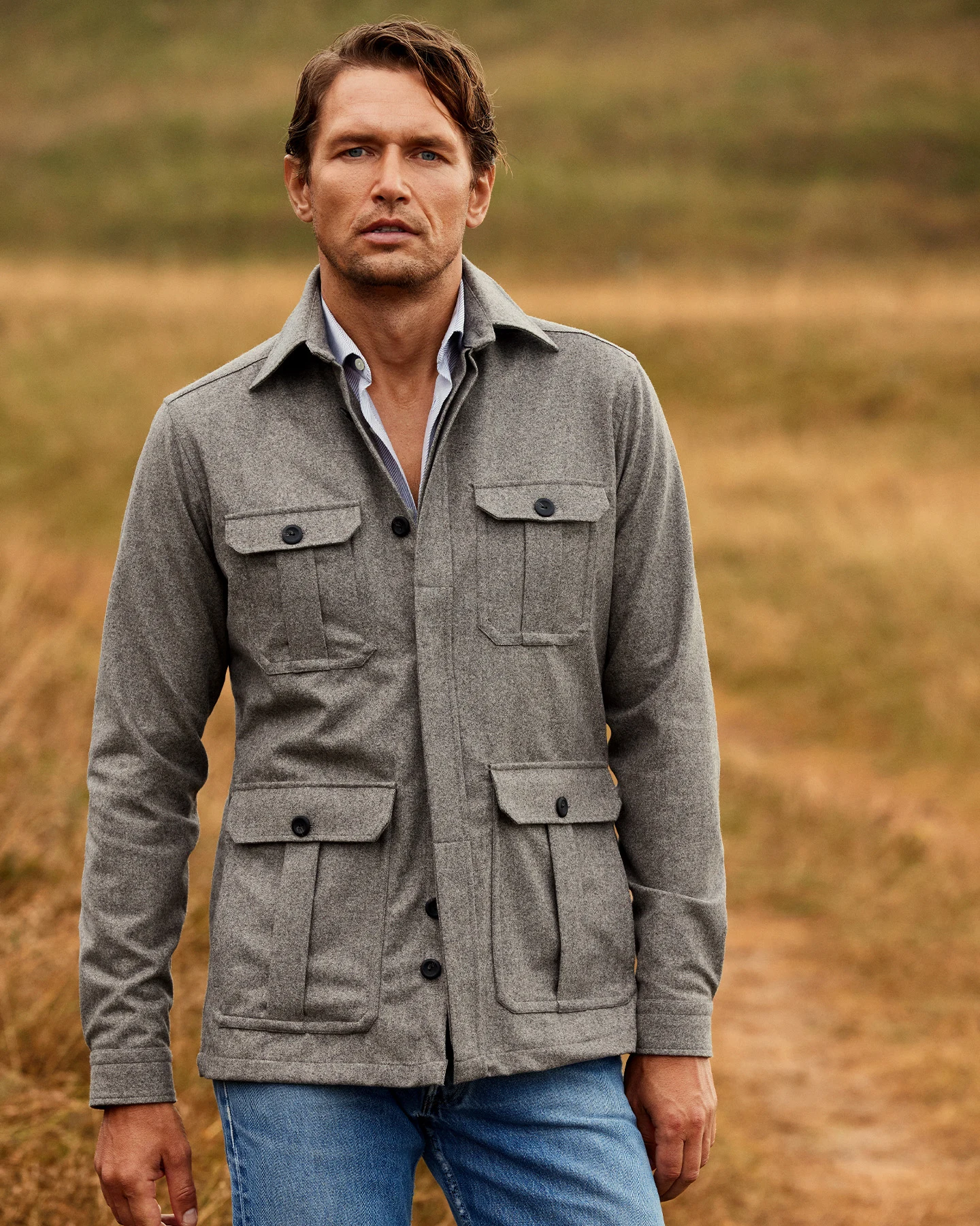 model in green four pocket overshirt