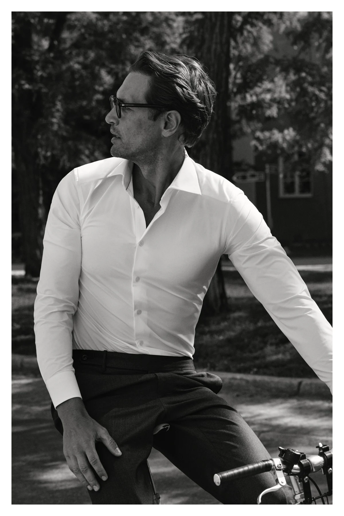 White Four-Way Stretch Shirt styled on model on a bike