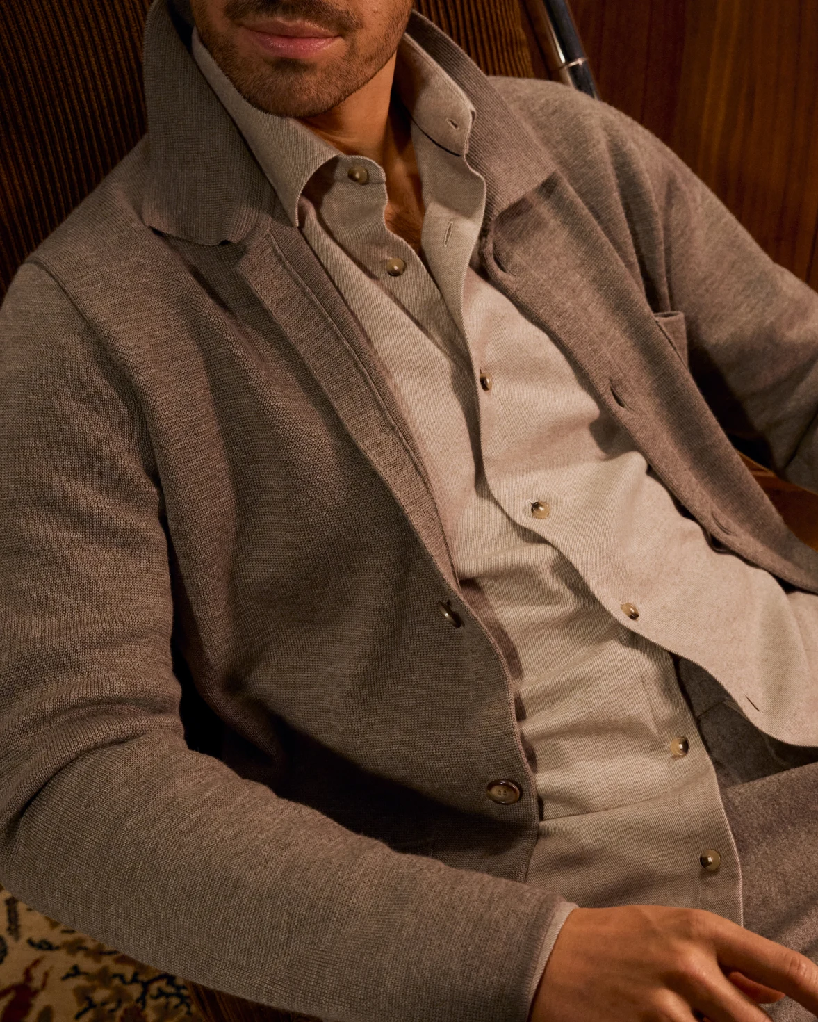 beige cardigan and flanell shirt