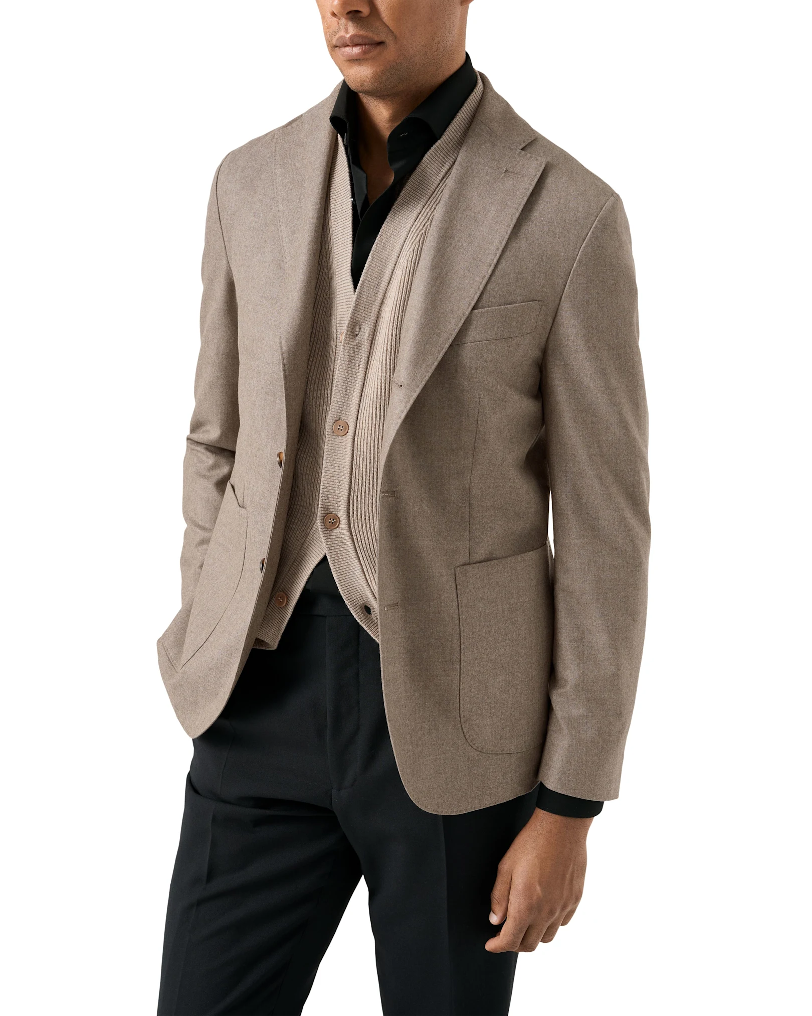 styled soft jacket with knitted vest and black shirt