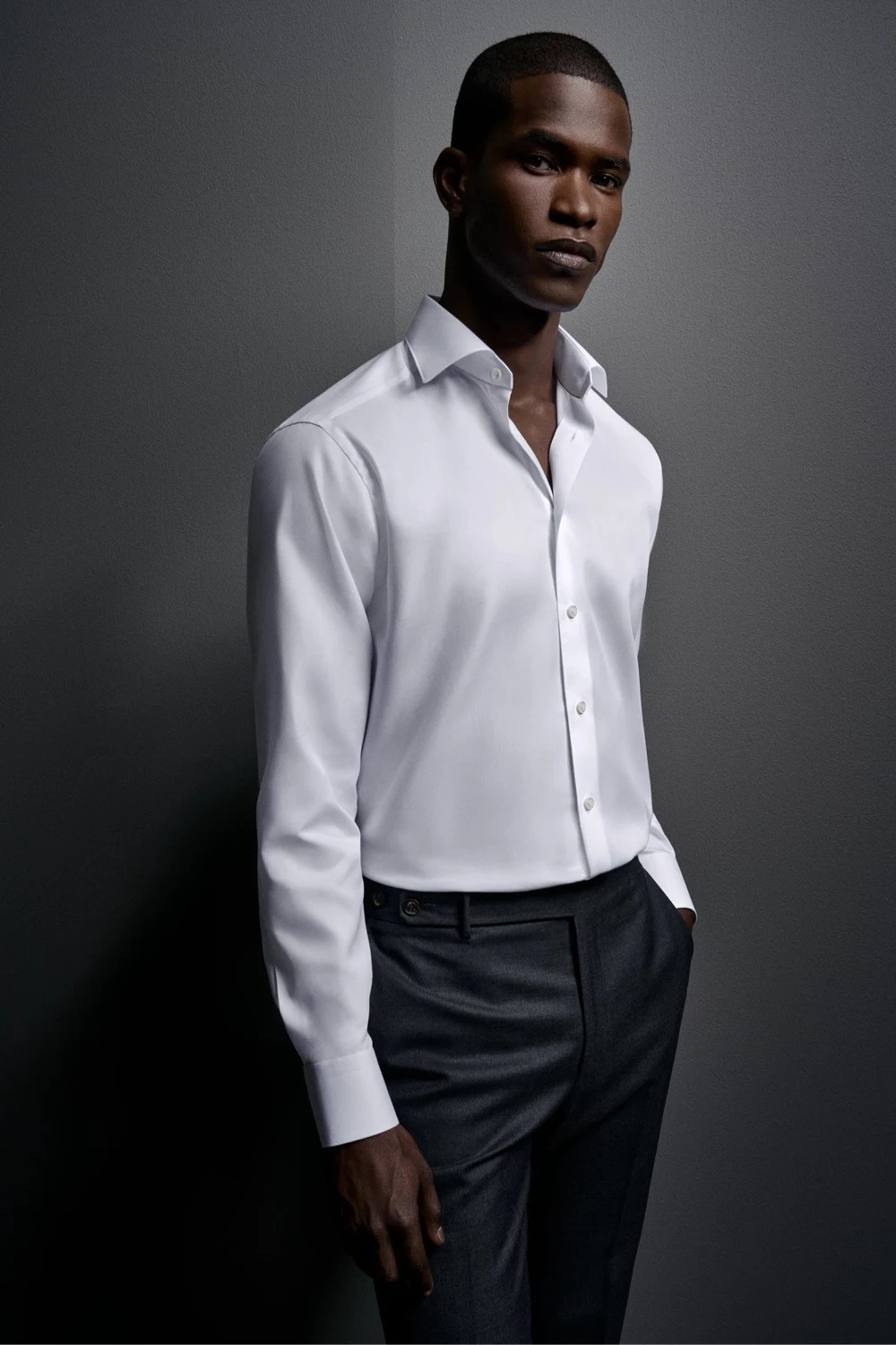 model in luxe white shirt