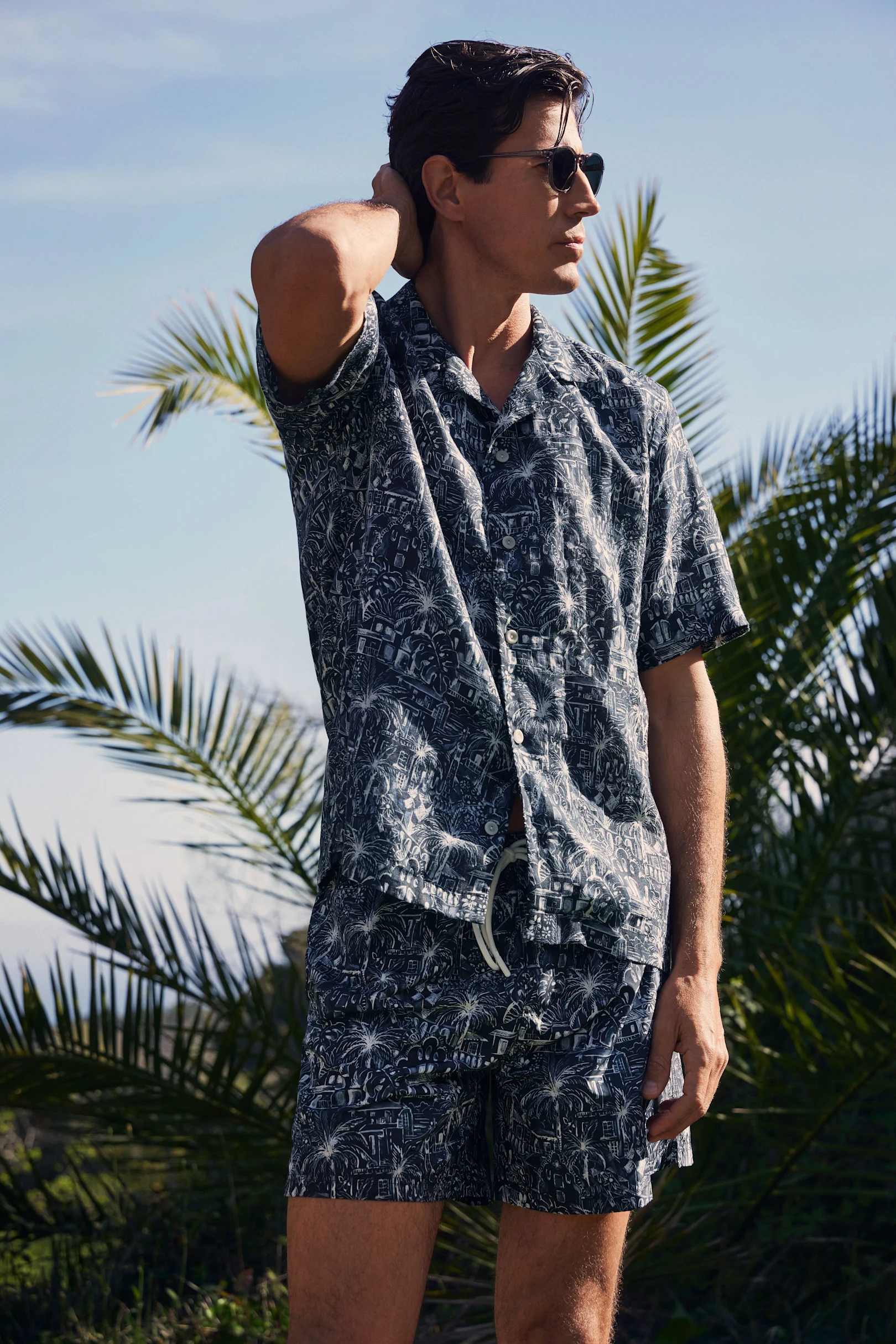 set linen resort shirt and swimshorts