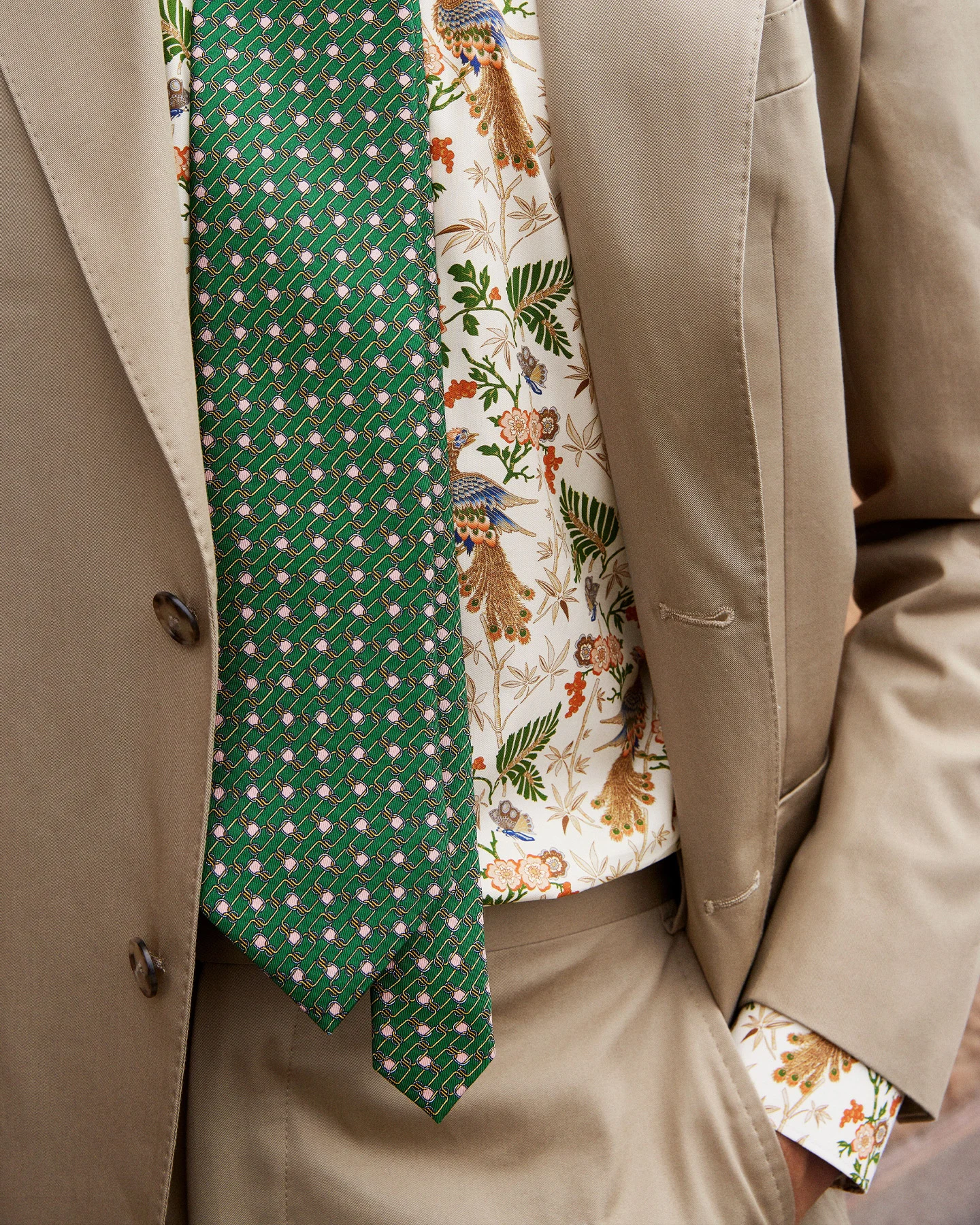 peacock print close up and tie