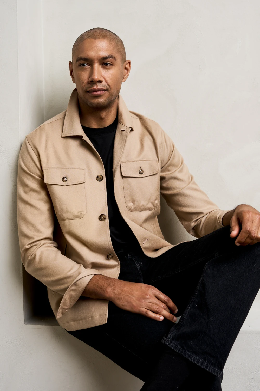 model in beige wool overshirt