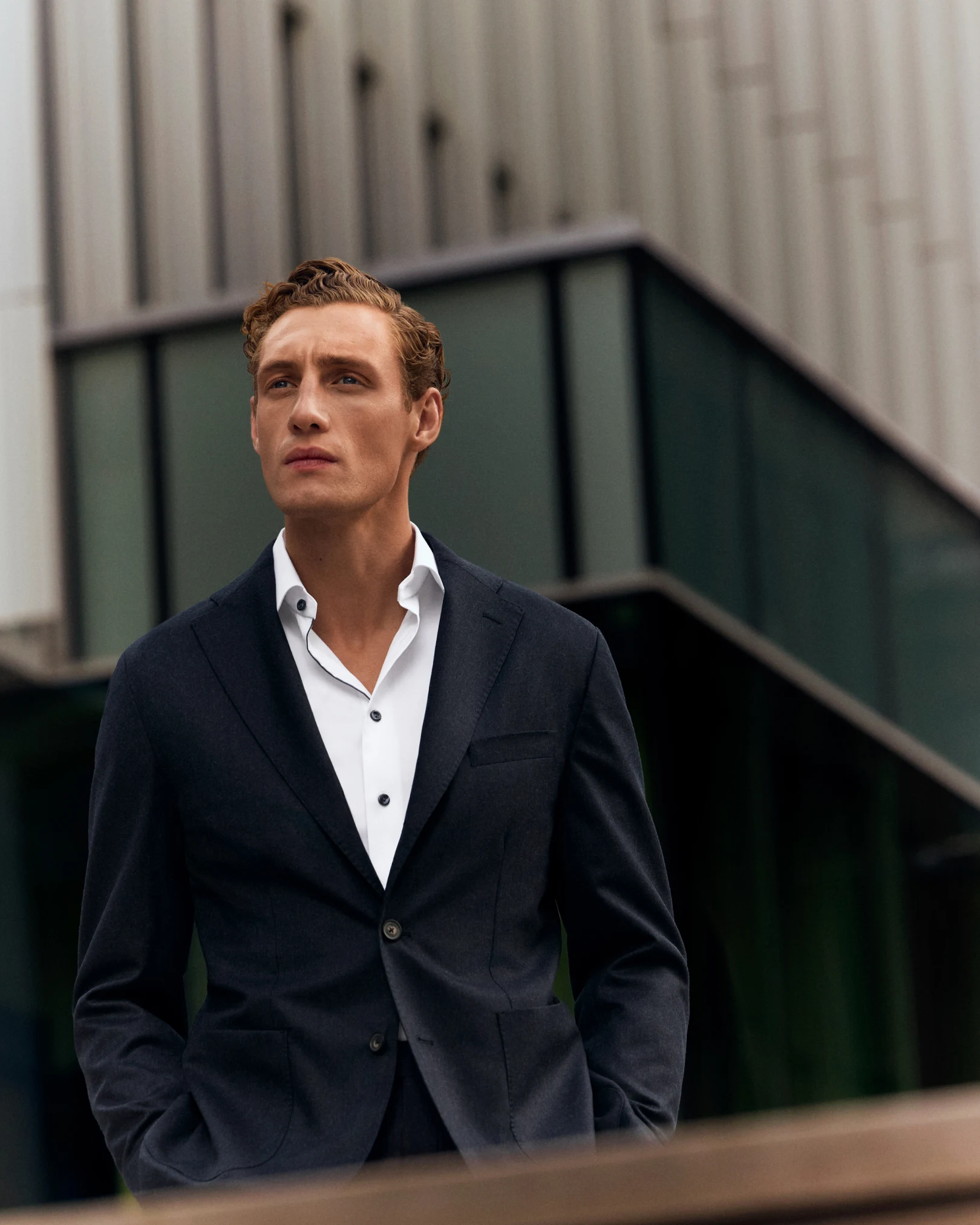 white navy details shirt and soft jacket