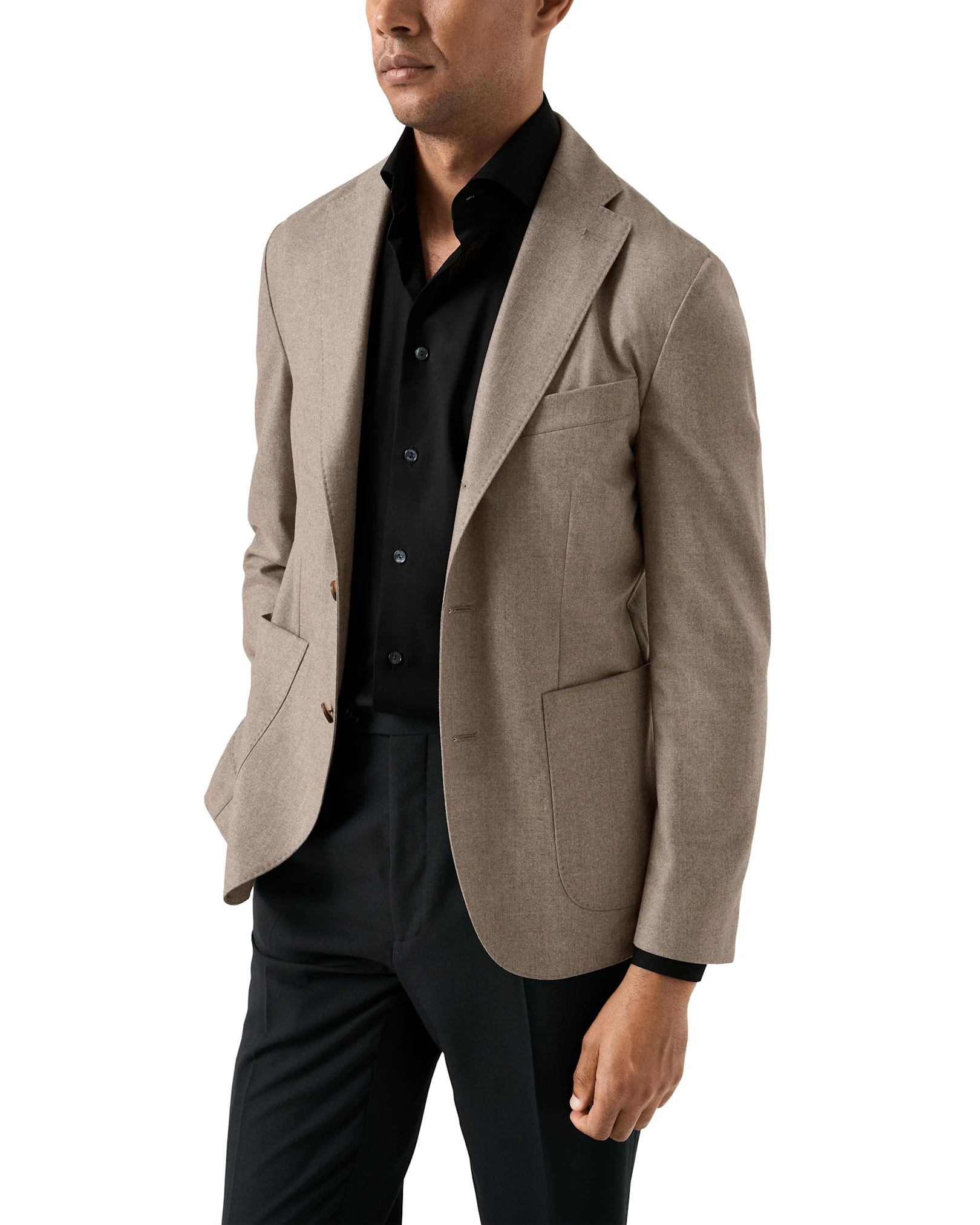 beige soft jacket styled with black shirt