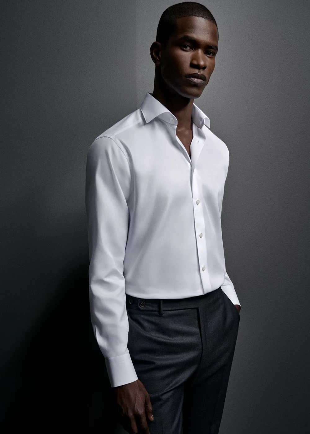 white supima luxe shirt on model