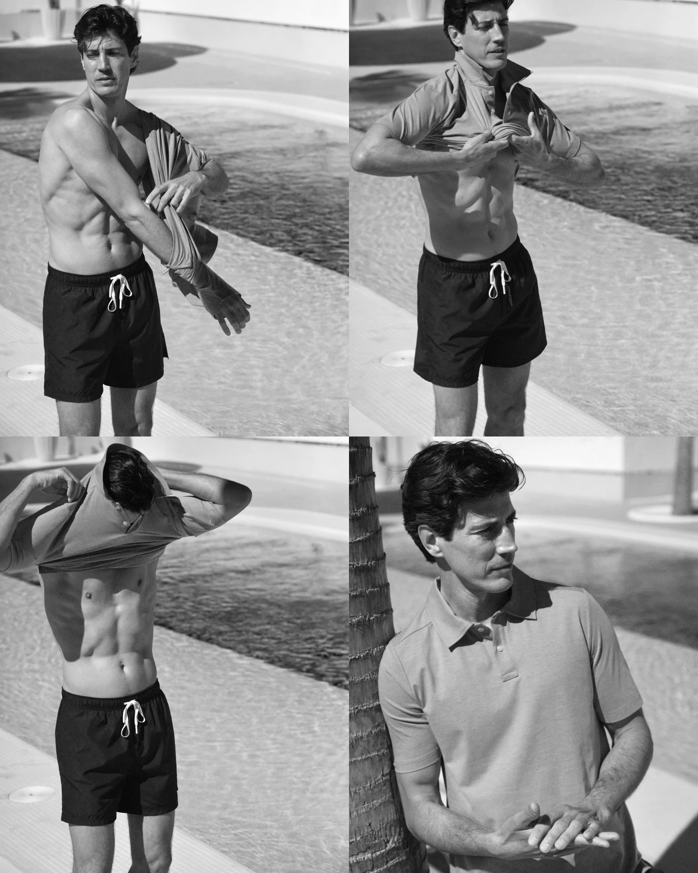 black and white image of model in swimshorts and shirt