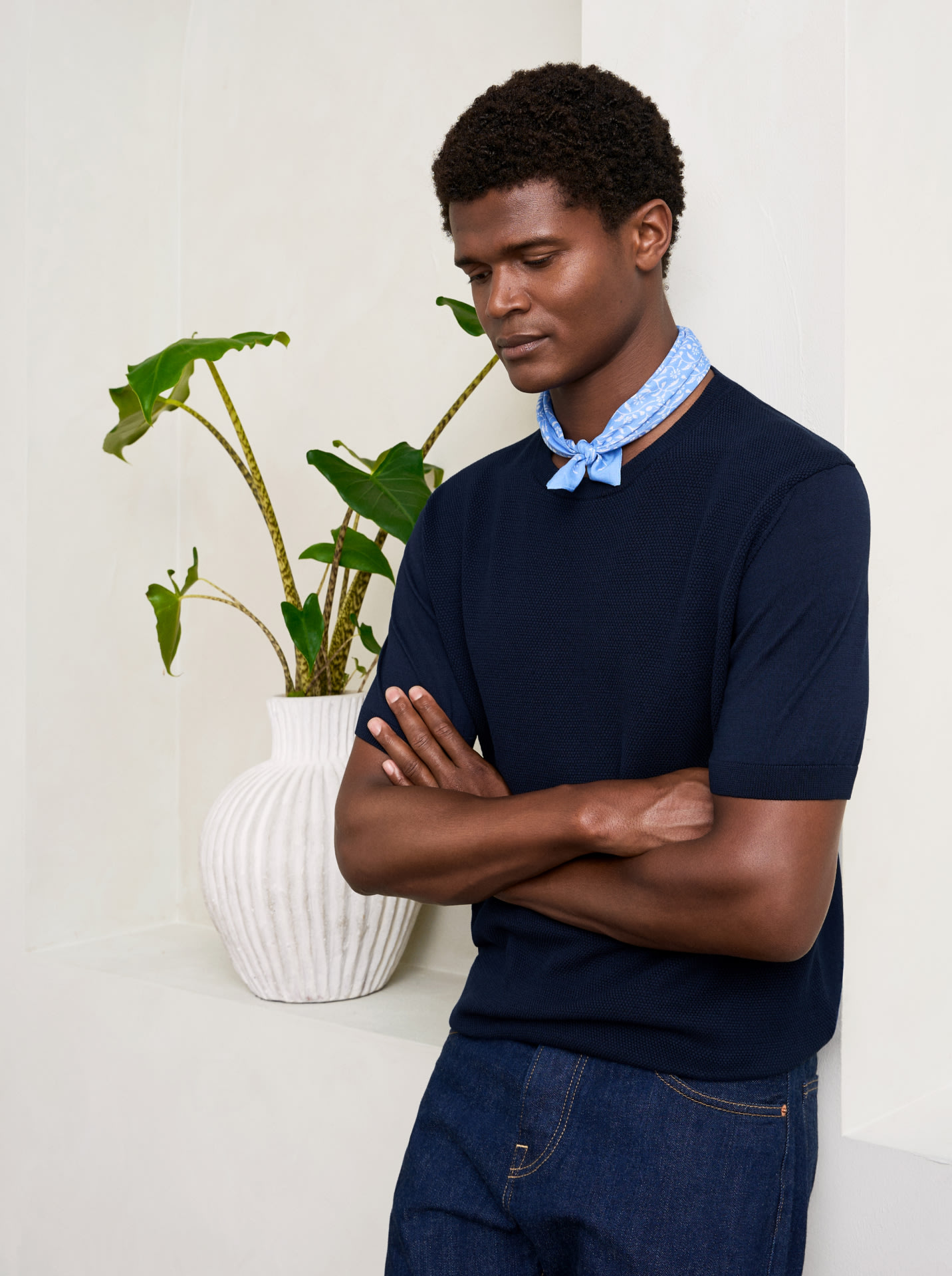model in t-shirt and bandana