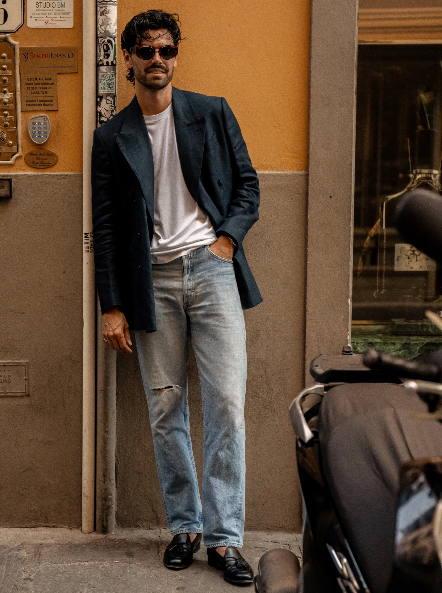 white tee navy blazer styled