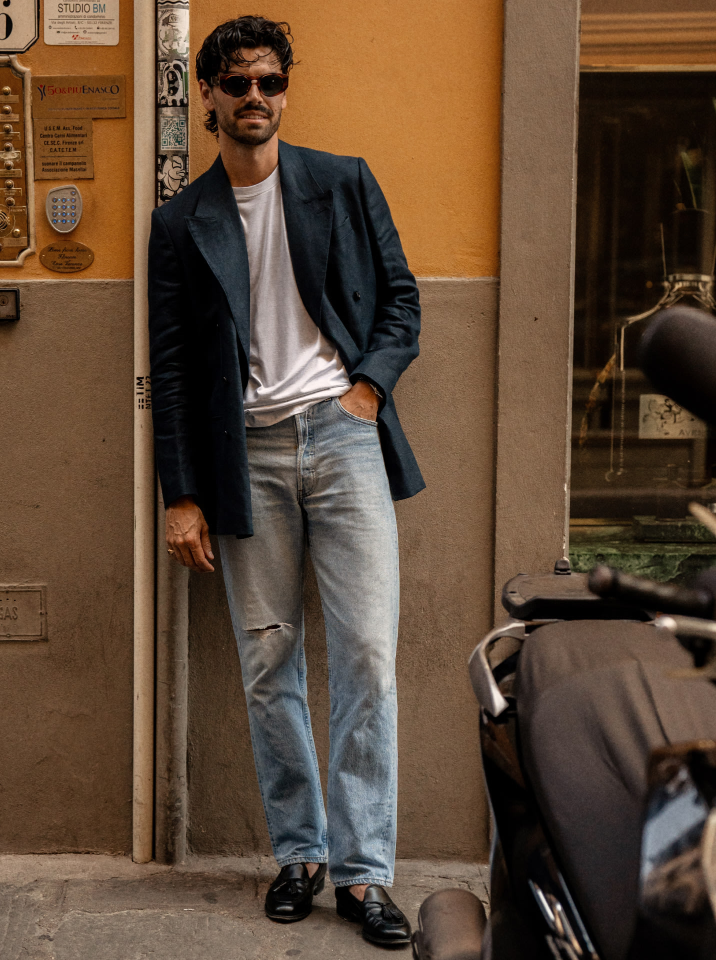 white tee navy blazer styled