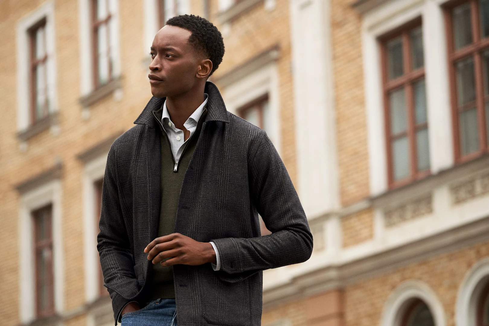 Check chore jacket with layering