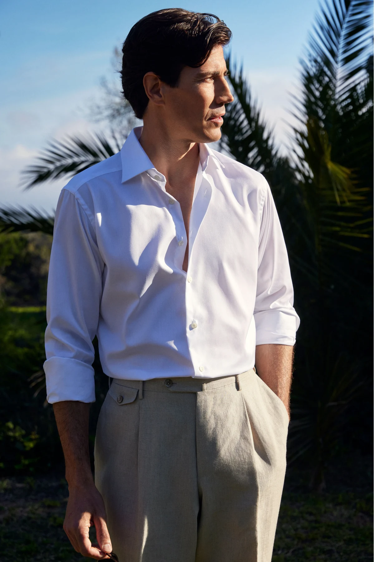 model in white signature twill shirt