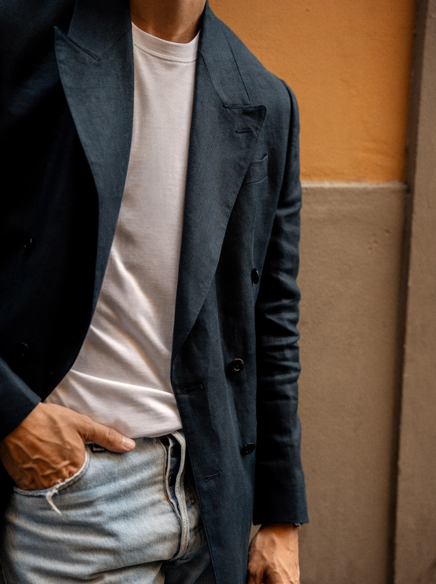 white tee navy blazer styled