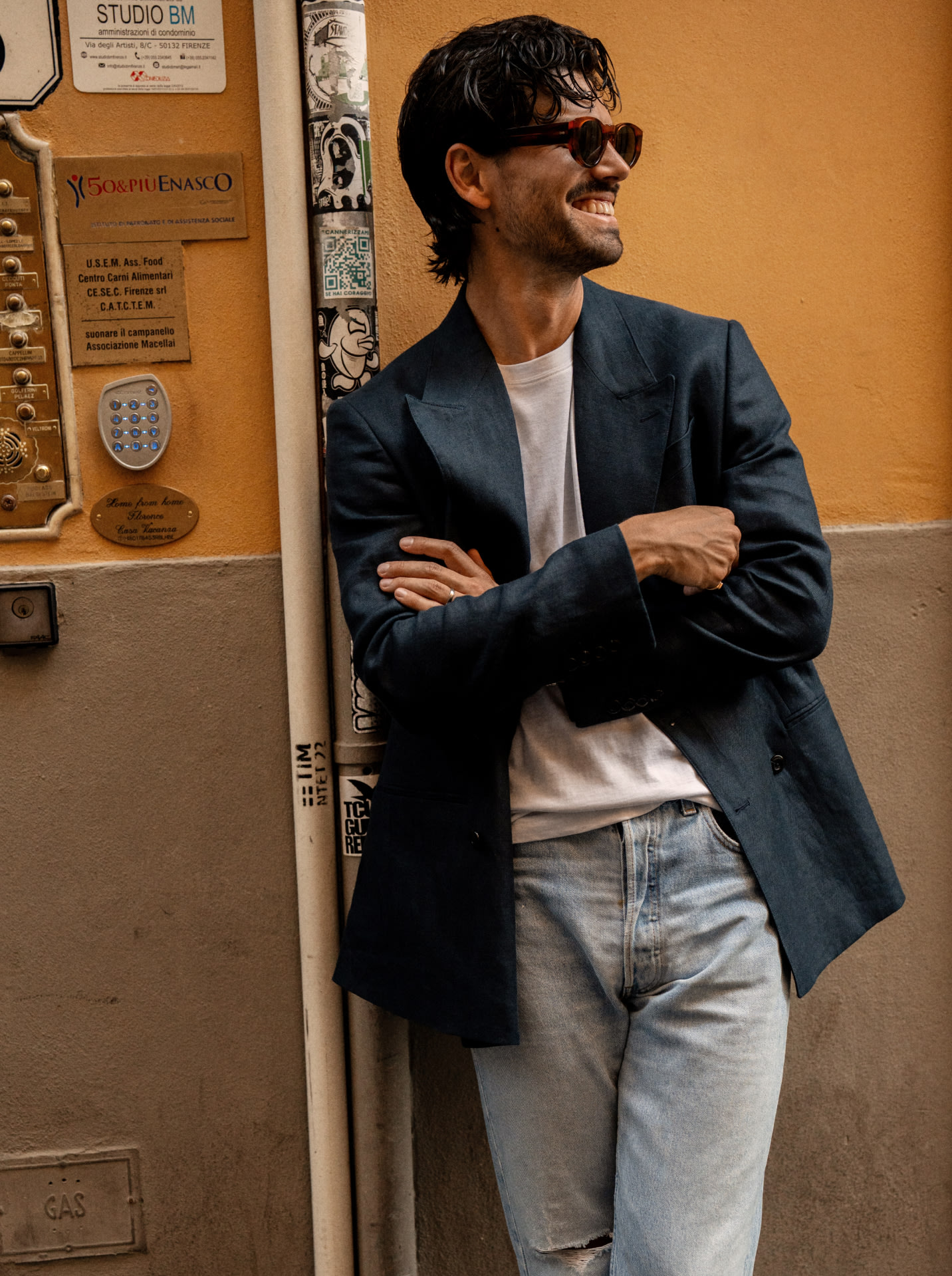 white tee navy blazer styled