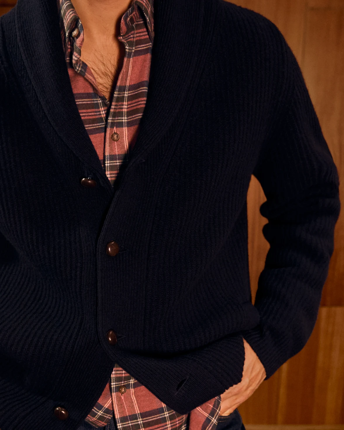 checked shirt and cardigan