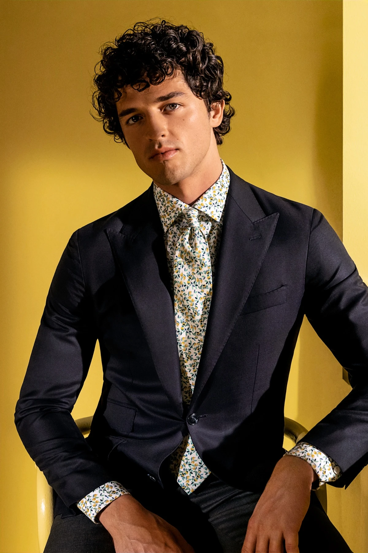 lemon shirt and tie with suit on model