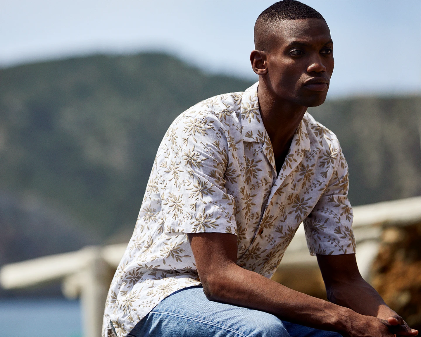 model in floral resort linen shirt