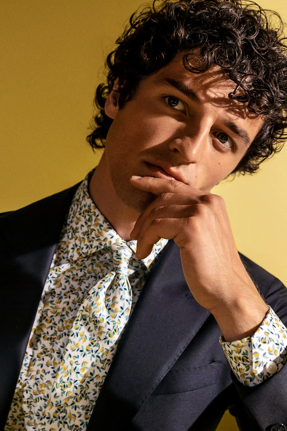 lemon print shirt and tie on model