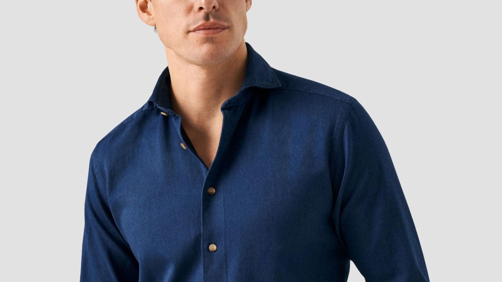 Satin Indigo shirt on model