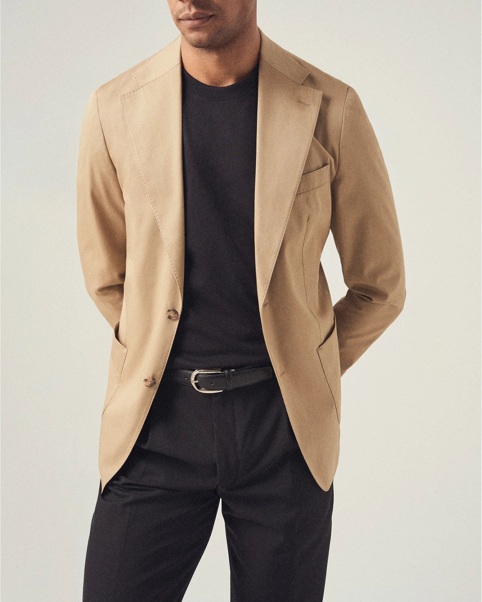 black supima cotton t-shirt with beige blazer