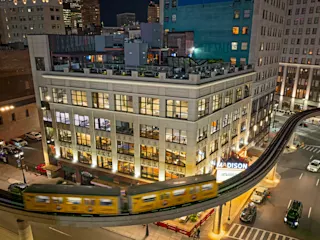 Aerial view of the People Mover and The Madison at night. 