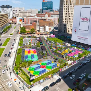 Aerial view of the Monroe Street Midway in summertime. 