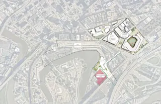A drawing of the planned Bedrock Riverfront Cleveland properties.