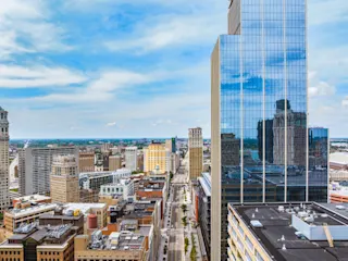 Aerial view of Hudson's Detroit. 