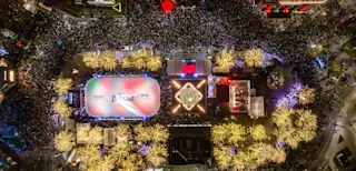 Aerial view of tree lighting event in downtown Detroit. 