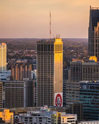 An aerial photo of Cadillac Tower, highlighting the surrounding area of Downtown Detroit.